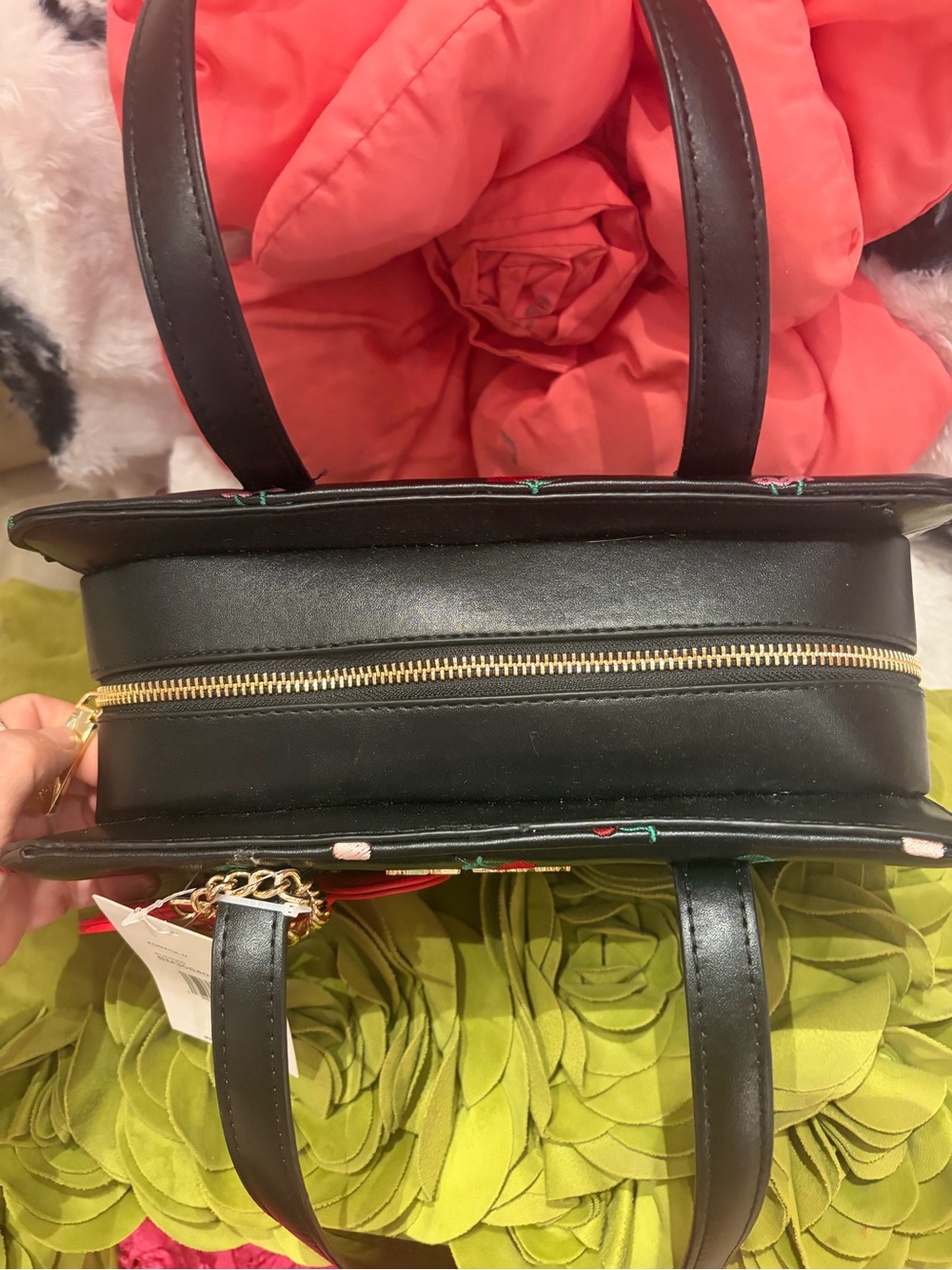 Betsey Johnson Black Satchel with Red & Pink Cherry Embroidery - Picture 5 of 7